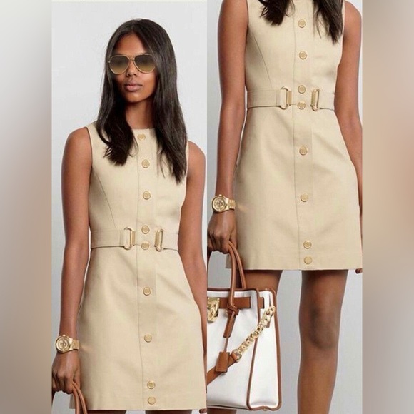 Michael Kors Khaki & Gold Elegant Sleeveless Button Up Belted Mini Dress Size 4 - Picture 1 of 12